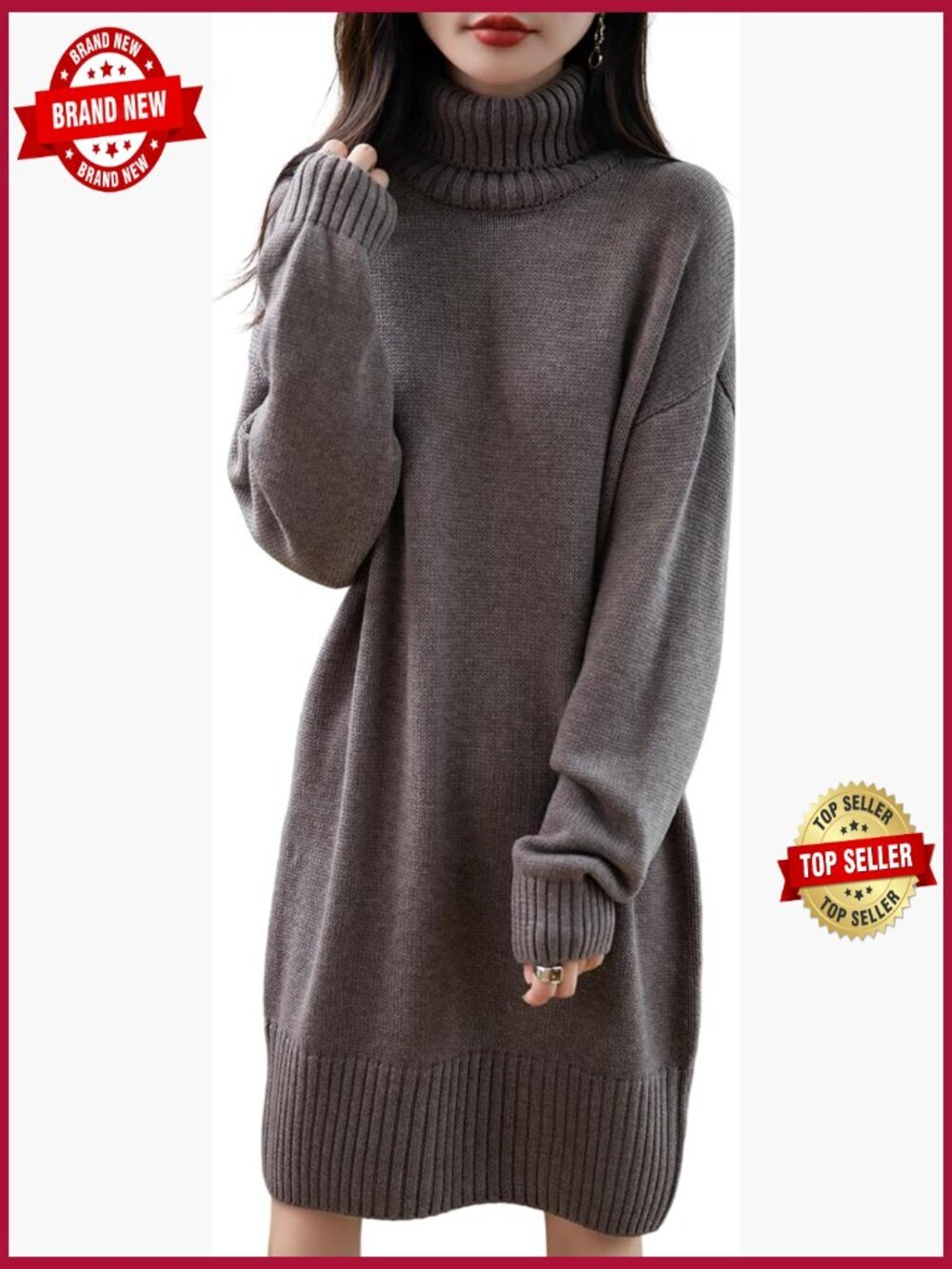Oversized Merino Wool Blend Turtleneck Sweater Dress Long Sleeve Knit